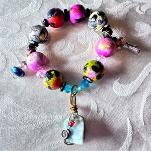 Artisan Charm Bracelet Aventurine and Hand Painted Wood Beads, Glass 0815 P